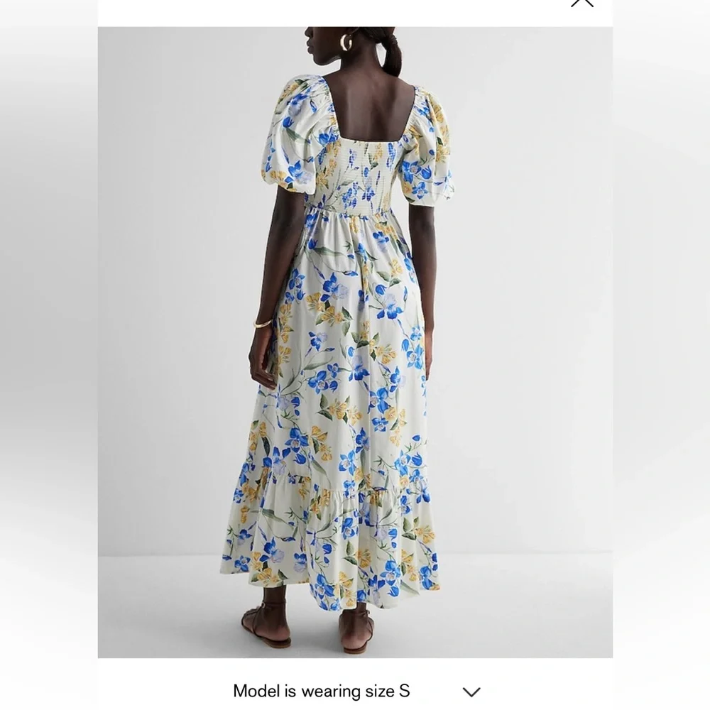 Express Floral Square Neck Puff Sleeve Tiered
Poplin Midi Dress - Picture 3 of 13